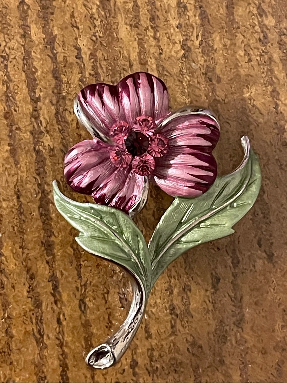 Pink Flower Enamel Brooch with Green Leaves